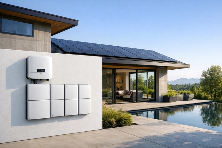 Modern home with rooftop solar panels and wall-mounted battery storage units beside a swimming pool
